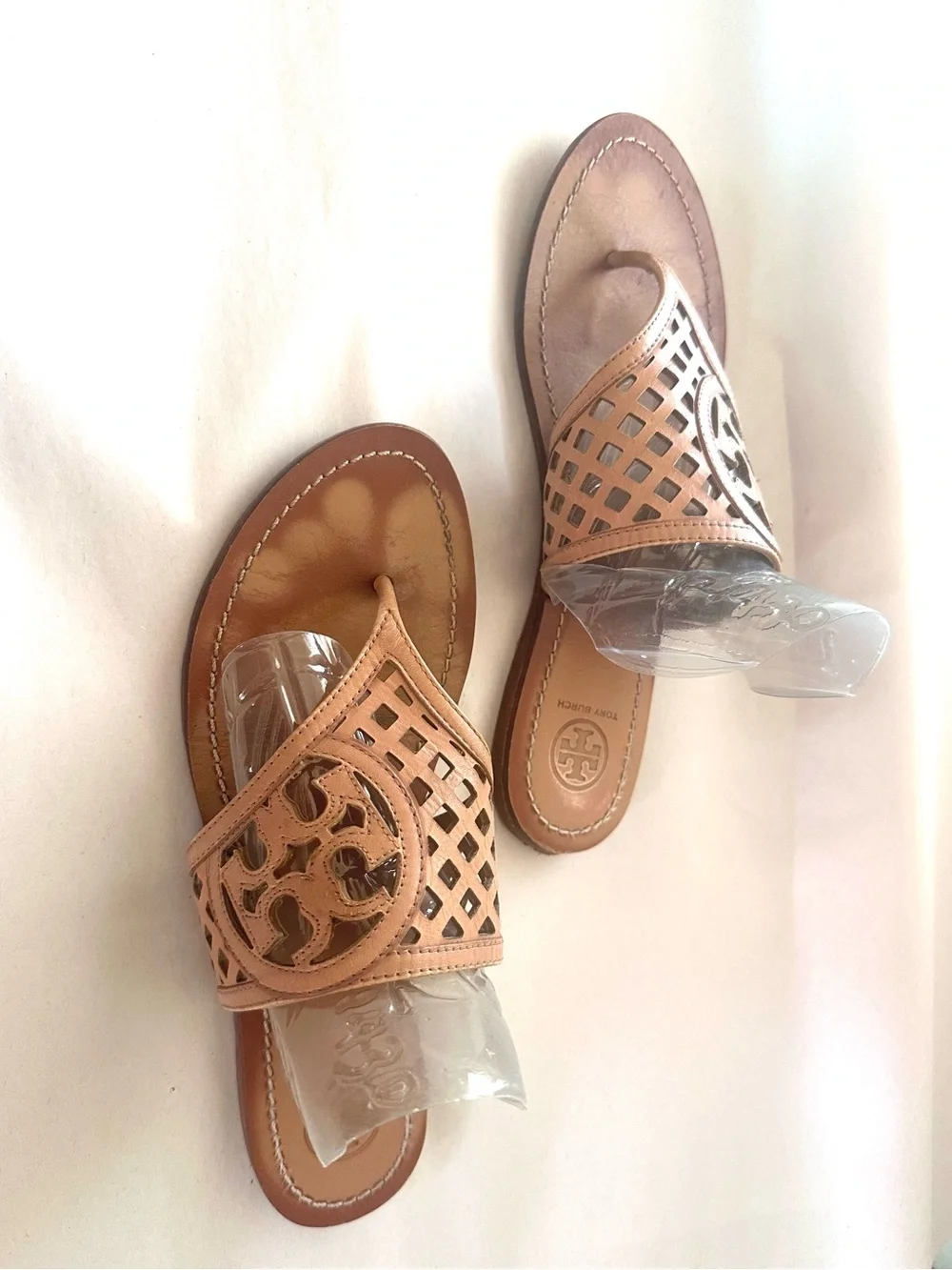 Tory Burch Tan Leather Cutout Thong Sandals